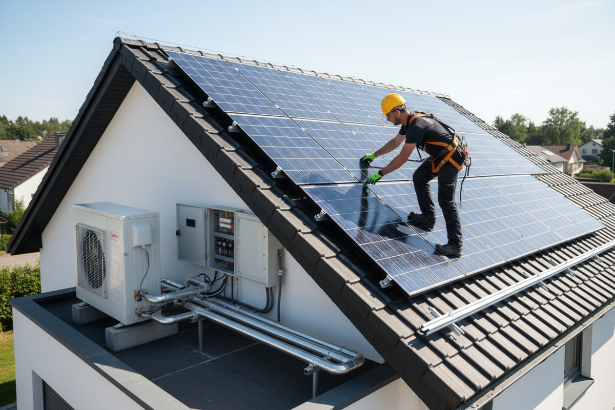 genere moi une image d installateur d un systeme solaire combiné et pompe a chaluer